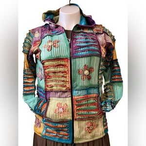 India Boutique Colorful Zip Front Patchwork Cut & Rake Jacket with Appliqué NWT